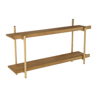 36 Inch Modern Wood Two Tier Shelf, Rattan Braiding, Brown, Gold - BM284742