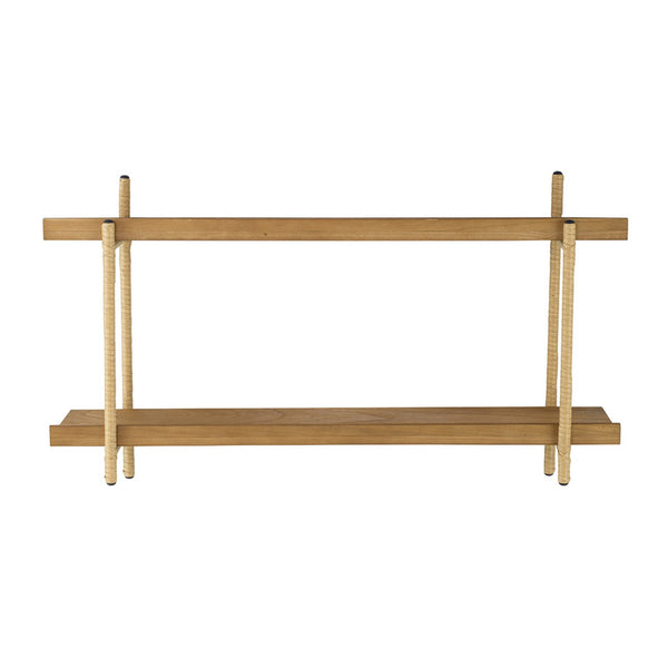 36 Inch Modern Wood Two Tier Shelf, Rattan Braiding, Brown, Gold - BM284742