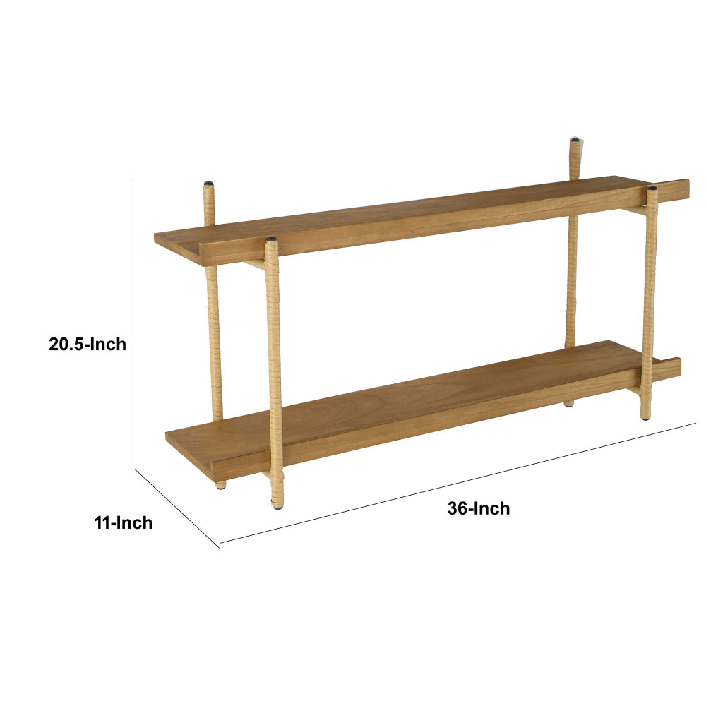 36 Inch Modern Wood Two Tier Shelf, Rattan Braiding, Brown, Gold - BM284742