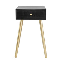 Gaia 28 Inch Pine Wood Side End Table, Gliding Rattan Drawer, Black, Gold - BM284753