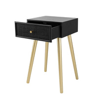 Gaia 28 Inch Pine Wood Side End Table, Gliding Rattan Drawer, Black, Gold - BM284753