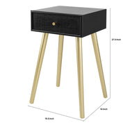 Gaia 28 Inch Pine Wood Side End Table, Gliding Rattan Drawer, Black, Gold - BM284753