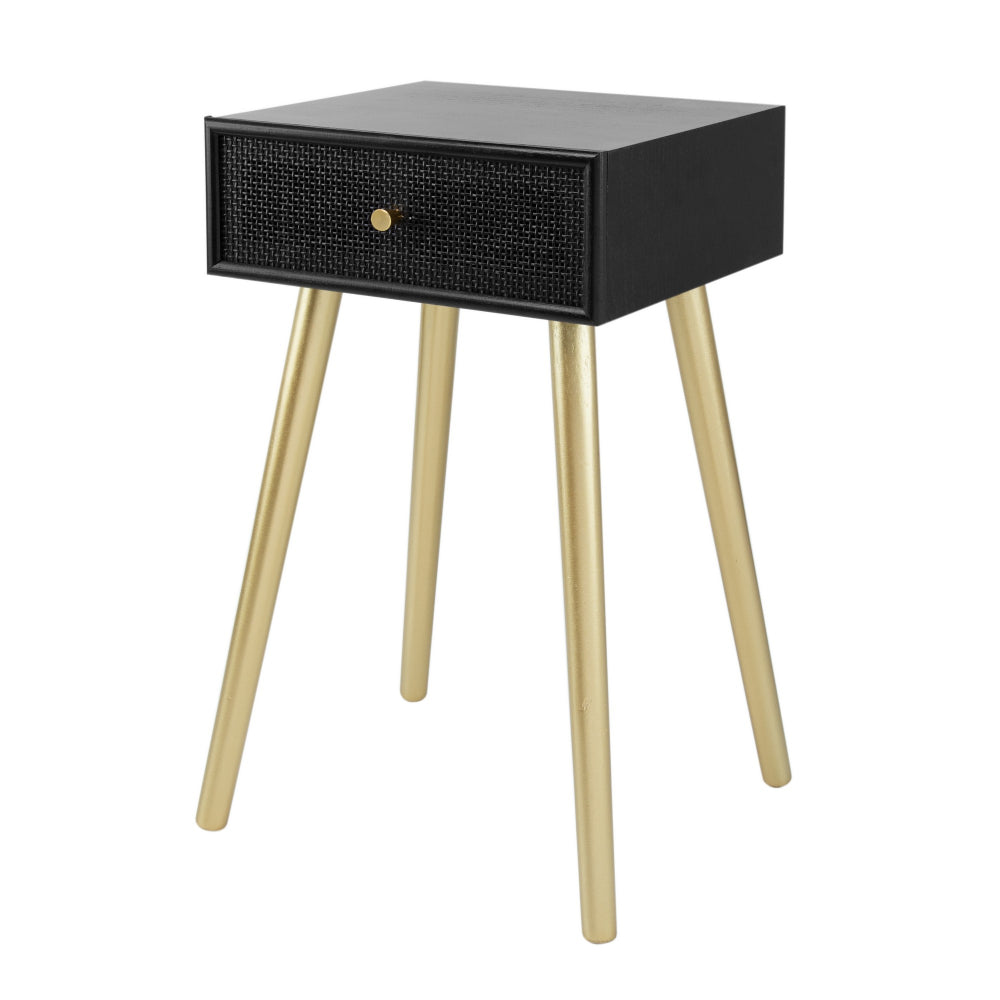 Gaia 28 Inch Pine Wood Side End Table, Gliding Rattan Drawer, Black, Gold - BM284753