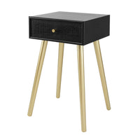 Gaia 28 Inch Pine Wood Side End Table, Gliding Rattan Drawer, Black, Gold - BM284753