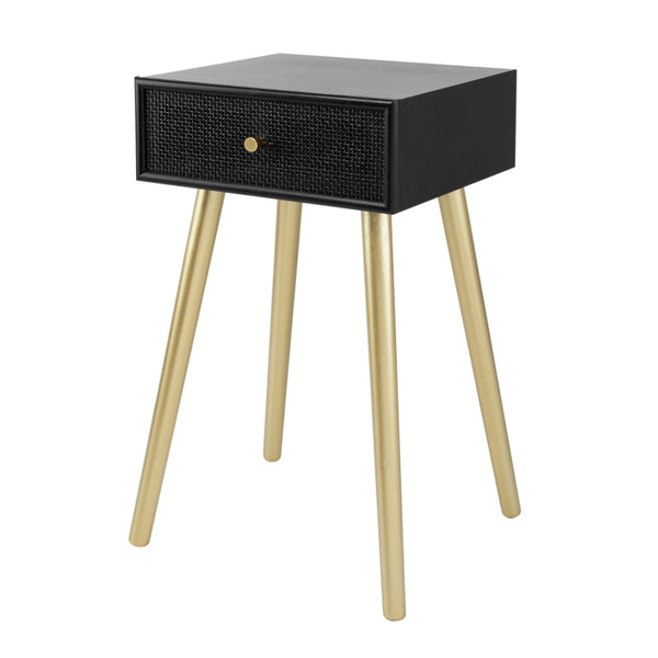 Gaia 28 Inch Pine Wood Side End Table, Gliding Rattan Drawer, Black, Gold - BM284753