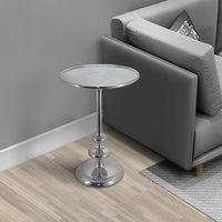 23 Inch Modern Aluminum Side Table, Round Tabletop and Base, Carved, Silver - BM284759