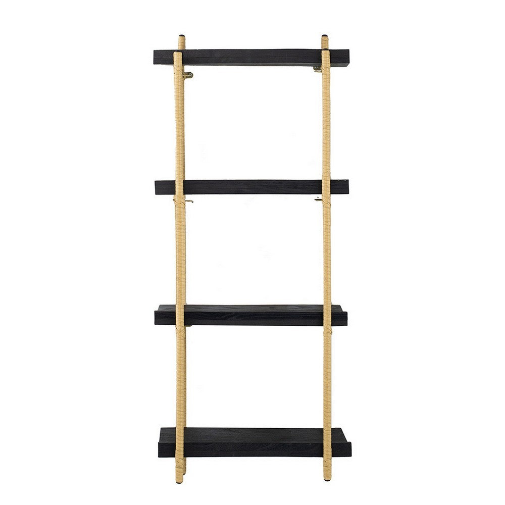 44 Inch Modern Wood Four Tier Shelf, Natural Rattan Braiding, Gold, Black - BM284767