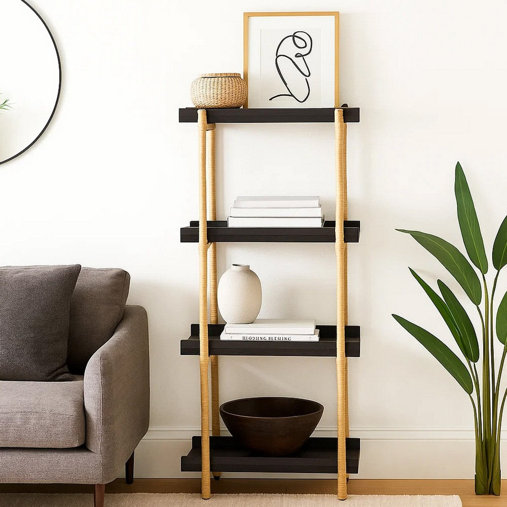 44 Inch Modern Wood Four Tier Shelf, Natural Rattan Braiding, Gold, Black - BM284767