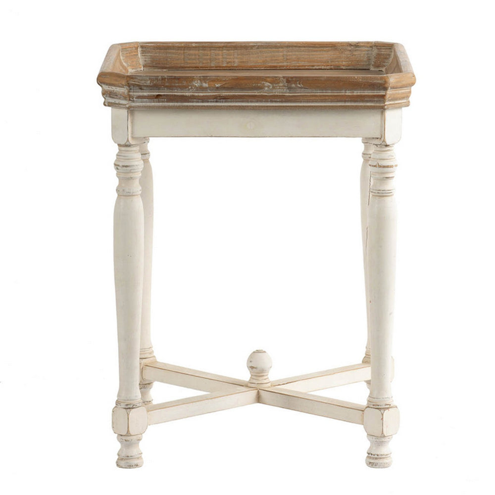 25 Inch Square End Side Table, Fir Wood, Natural Brown, Antique White - BM284773