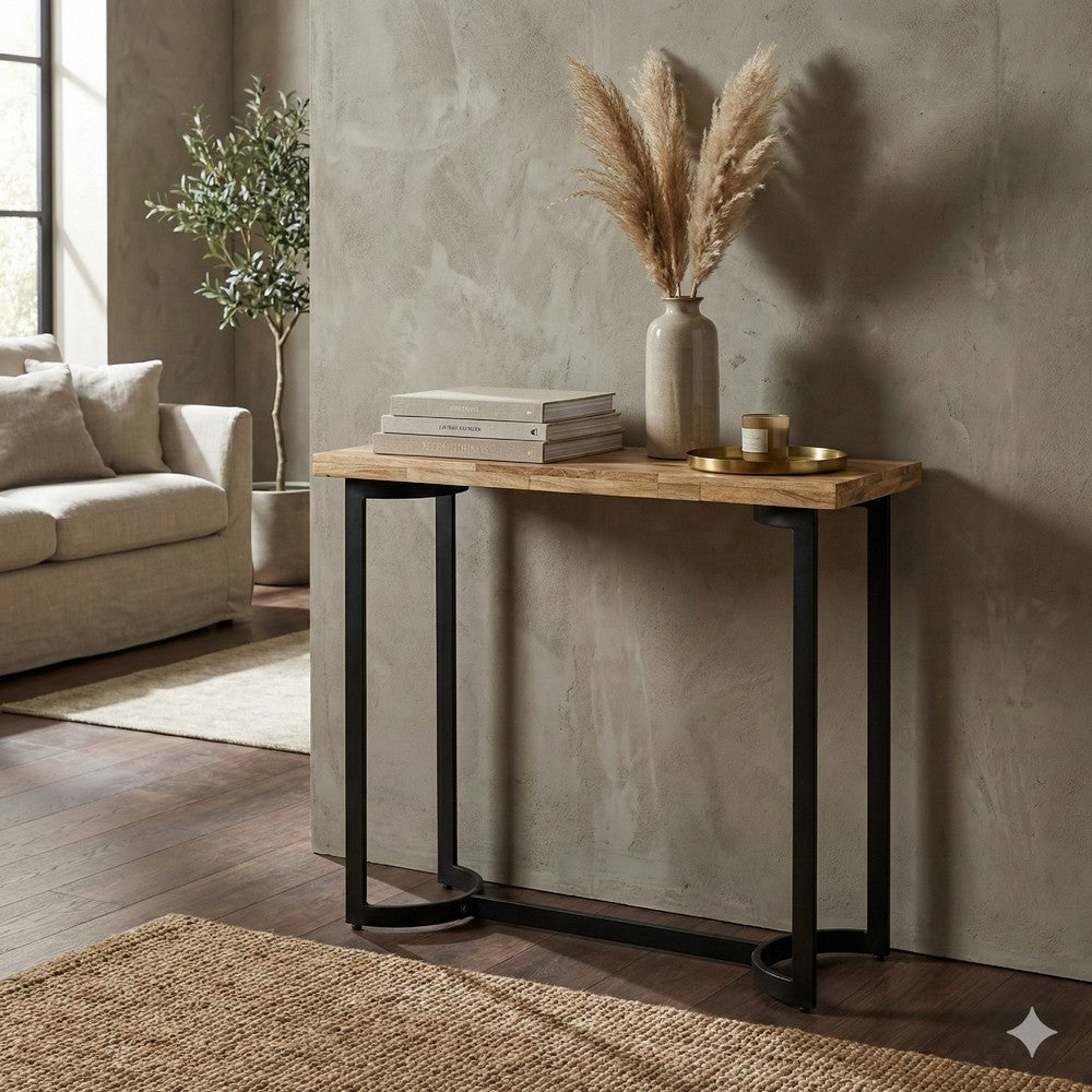 36 Inch Industrial Console Sofa Table, Plank Wood Top, Matte Black Frame - BM284775