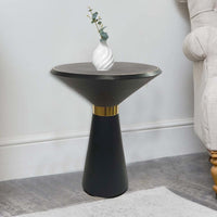 22 Inch Round Mango Wood Side Table, Smooth Brass Accents, Black Finish - BM284779