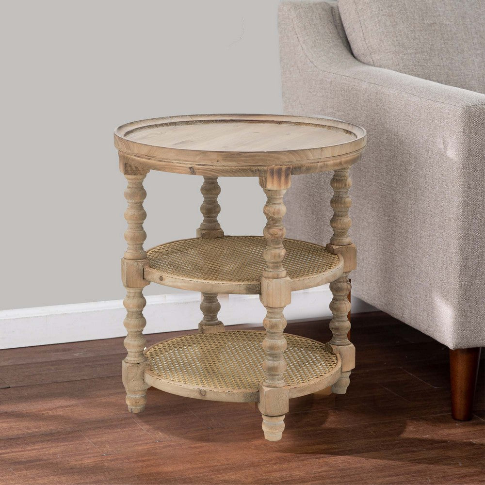 Jake 25 Inch 3 Tier Side Table, Fir Wood, 2 Woven Wicker Shelves, Brown - BM284795