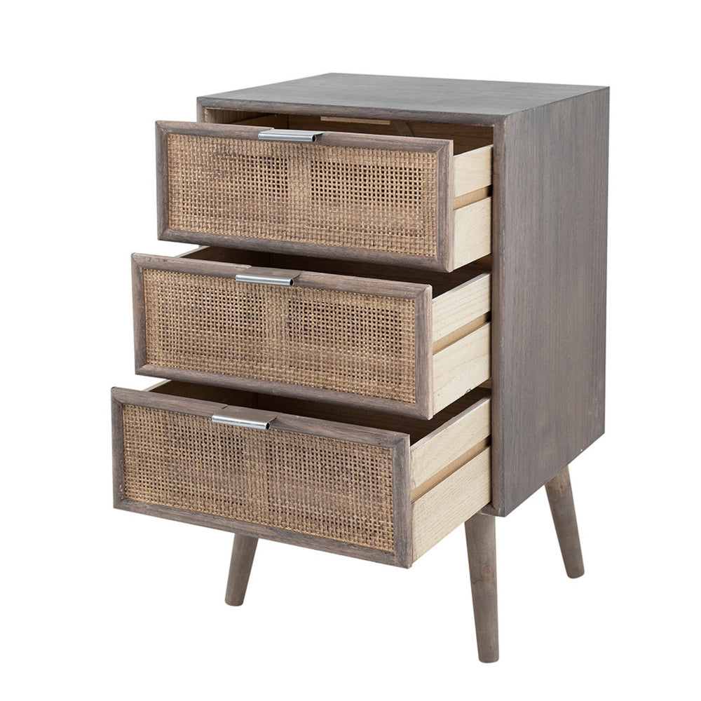 Cae 28 Inch Dresser Chest, 3 Drawers, Pine Wood, Rattan Panels, Dark Gray - BM284798