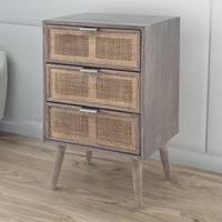 Cae 28 Inch Dresser Chest, 3 Drawers, Pine Wood, Rattan Panels, Dark Gray - BM284798