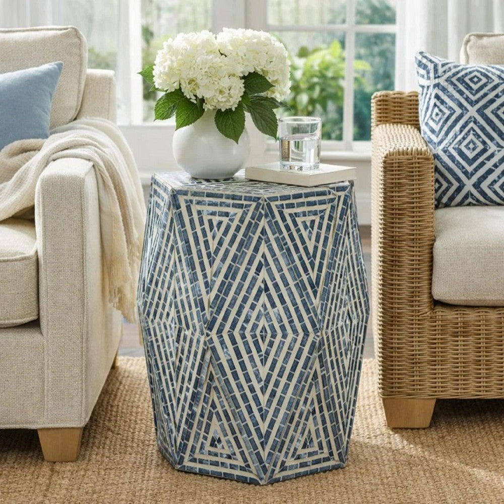 18 Inch Accent Table Stool, Hexagonal Design, Diamond Pattern, Blue, White - BM284799