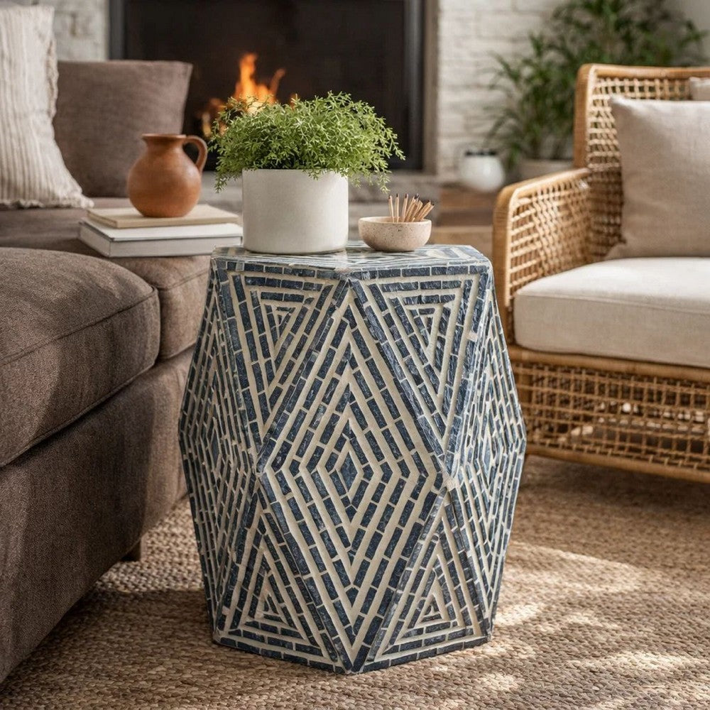 18 Inch Accent Table Stool, Hexagonal Design, Diamond Pattern, Blue, White - BM284799