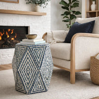 18 Inch Accent Table Stool, Hexagonal Design, Diamond Pattern, Blue, White - BM284799