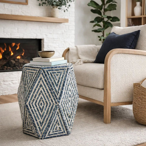 18 Inch Accent Table Stool, Hexagonal Design, Diamond Pattern, Blue, White - BM284799