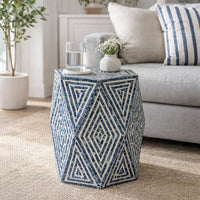 18 Inch Accent Table Stool, Hexagonal Design, Diamond Pattern, Blue, White - BM284799