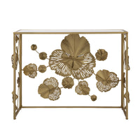 39 Inch Mirrored Top Console Table, Elegant Floral Design, Iron, Matte Gold - BM284804