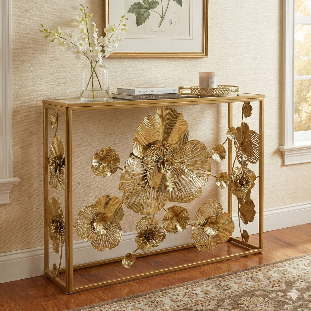 39 Inch Mirrored Top Console Table, Elegant Floral Design, Iron, Matte Gold - BM284804
