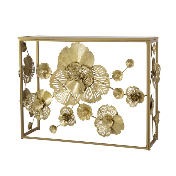 39 Inch Mirrored Top Console Table, Elegant Floral Design, Iron, Matte Gold - BM284804