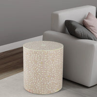 20 Inch Round Side End Table, Filigree Bone Inlay, Wood, Pale Pink, White - BM284807