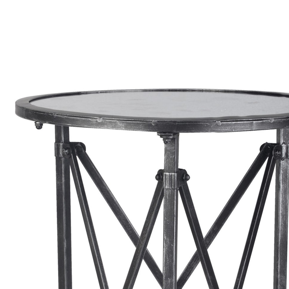 27 Inch Side Table, Round Metal Body, Glass Tabletop, 3 Wheels, Silver - BM284813