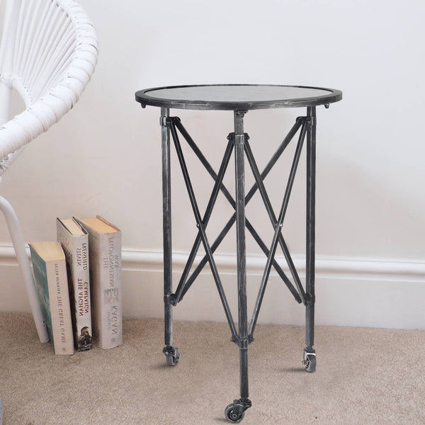 27 Inch Side Table, Round Metal Body, Glass Tabletop, 3 Wheels, Silver - BM284813