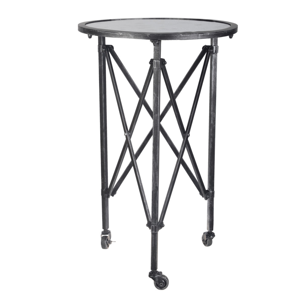 27 Inch Side Table, Round Metal Body, Glass Tabletop, 3 Wheels, Silver - BM284813