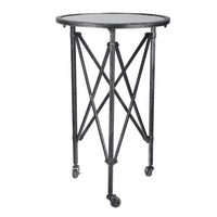 27 Inch Side Table, Round Metal Body, Glass Tabletop, 3 Wheels, Silver - BM284813