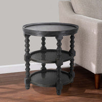 Jake 25 Inch 3 Tier Side Table, Fir Wood, 2 Woven Wicker Shelves, Black - BM284814