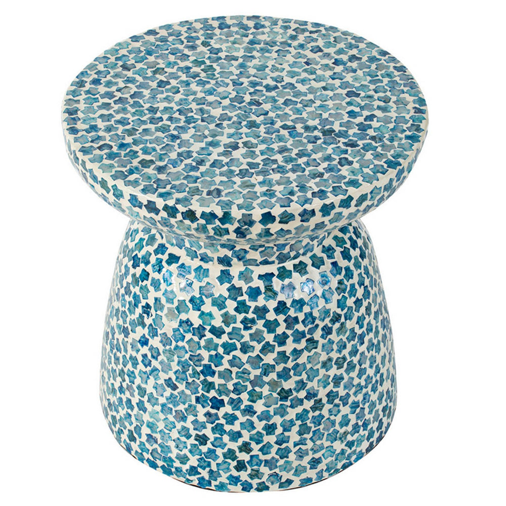 Ivy 16 Inch Round End Side Table, Bamboo Platform, Mosaic, Blue, White - BM284817