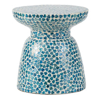 Ivy 16 Inch Round End Side Table, Bamboo Platform, Mosaic, Blue, White - BM284817