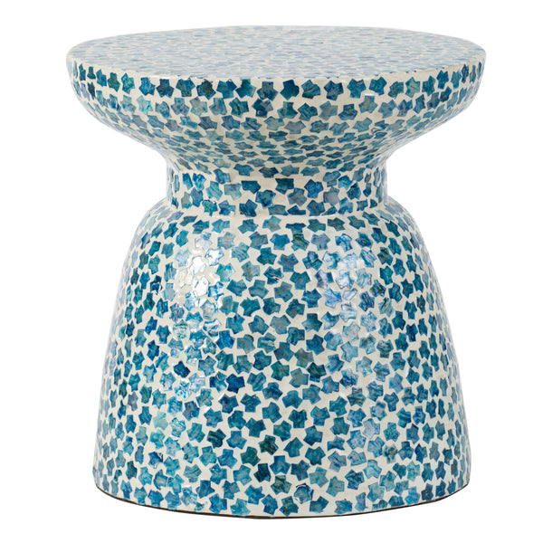 Ivy 16 Inch Round End Side Table, Bamboo Platform, Mosaic, Blue, White - BM284817