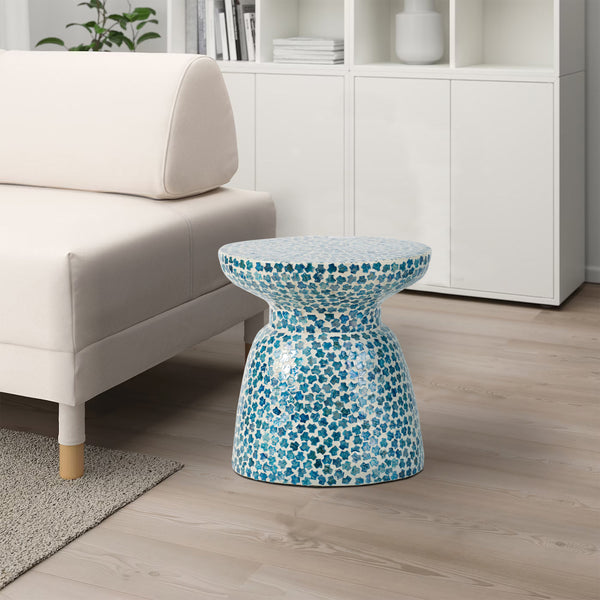 Ivy 16 Inch Round End Side Table, Bamboo Platform, Mosaic, Blue, White - BM284817