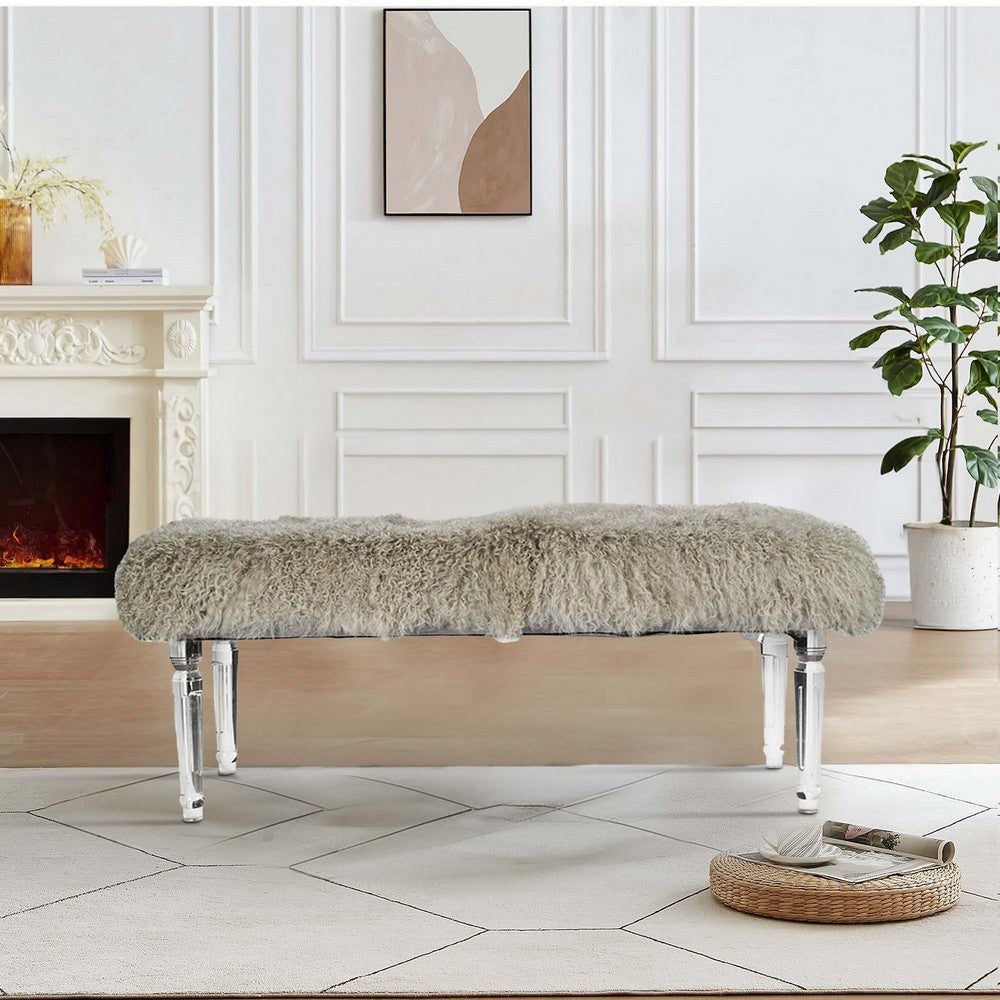 49 Inch Accent Bench, Faux Fur Seat, Clear Acrylic Legs, Smooth Rich Brown - BM284929