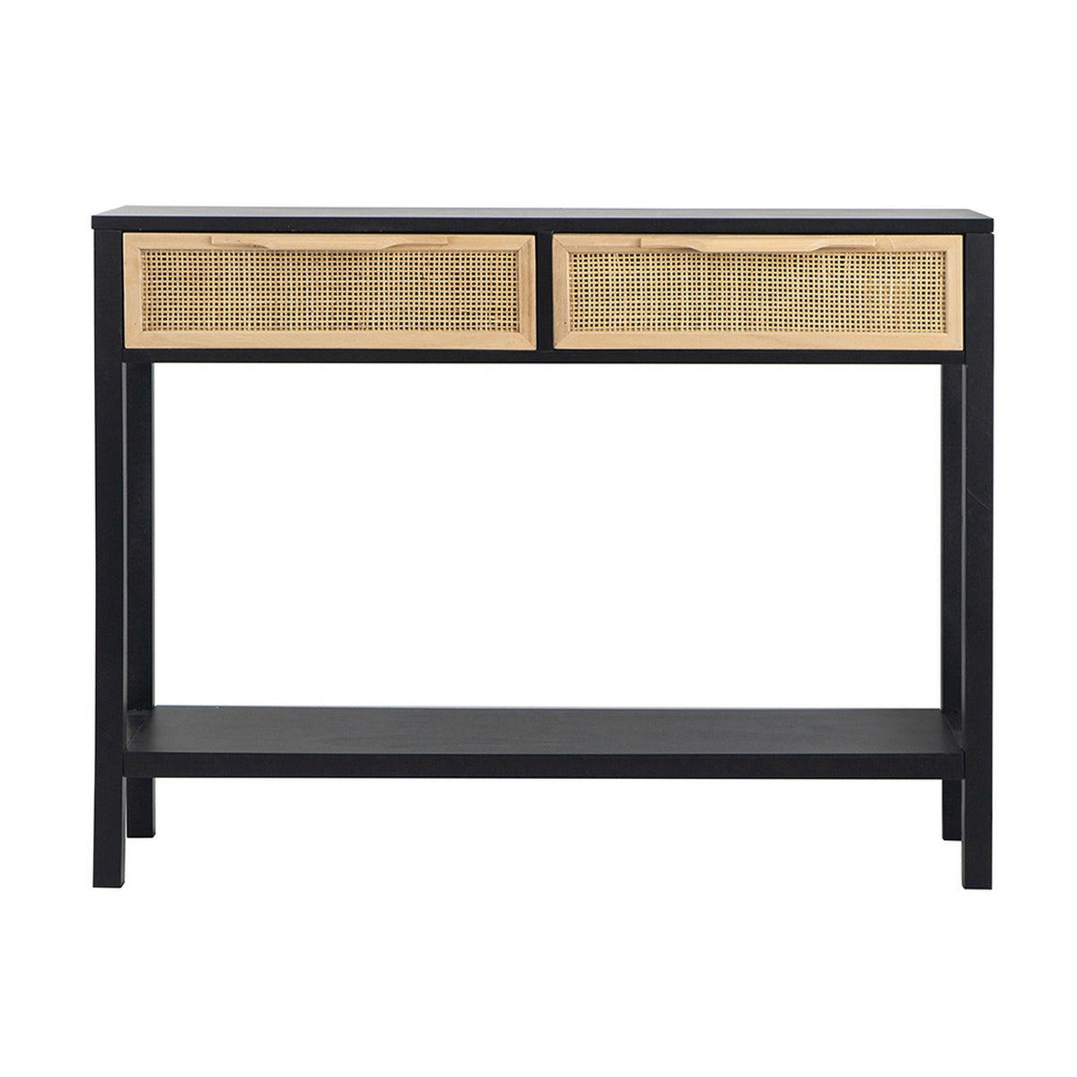 Dana 39 Inch Sofa Console Table, 2 Rattan Drawers, Black Finish, Brown - BM284930