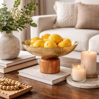 Roe 12 Inch Large Acacia Wood Table Bowl, Steel, Decorative, Gold and Brown - BM284950