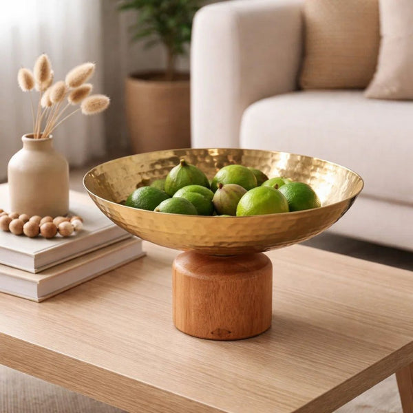 Roe 8 Inch Small Acacia Wood Table Bowl, Steel, Decorative, Gold and Brown - BM284952