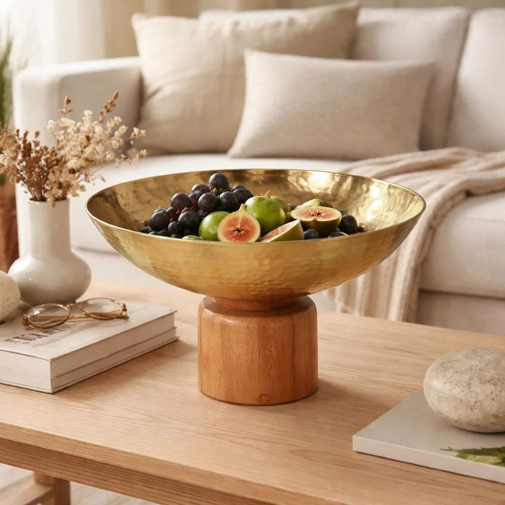 Roe 8 Inch Small Acacia Wood Table Bowl, Steel, Decorative, Gold and Brown - BM284952