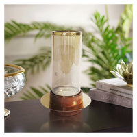 11 Inch Glass Hurricane Candle Holder, Acacia Wood, Small, Gold FInish - BM284962