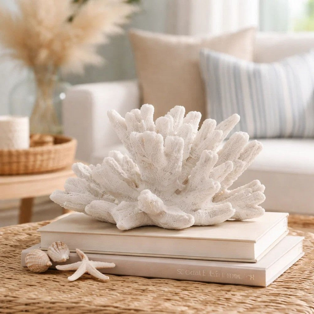 Lily 9 Inch Faux Coral Accent Figurine, Polyresin Tabletop Sculpture, White - BM284968