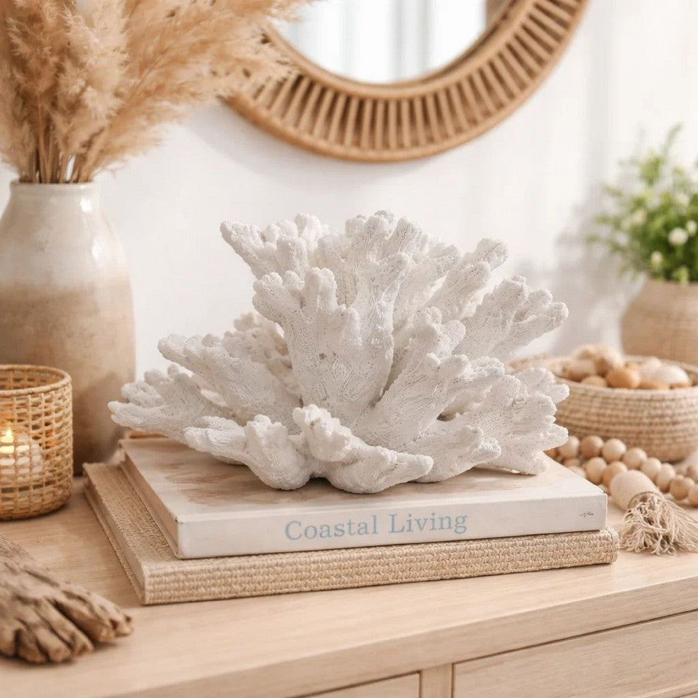 Lily 9 Inch Faux Coral Accent Figurine, Polyresin Tabletop Sculpture, White - BM284968