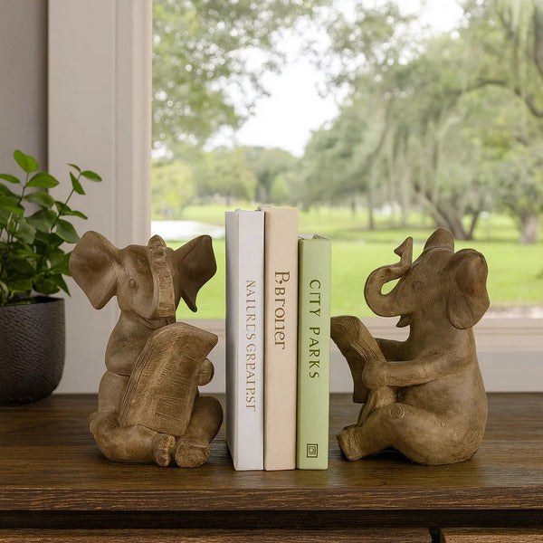Ari Set of 2 Bookends, Reading Elephant Statuettes, Classic, Brown Resin - BM284984