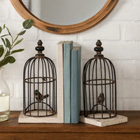 Ari Set of 2 Classic Bookends, Birdcage, Iron and Fir Wood, Black, Brown - BM284986