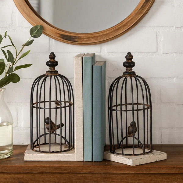 Ari Set of 2 Classic Bookends, Birdcage, Iron and Fir Wood, Black, Brown - BM284986
