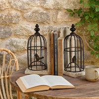 Ari Set of 2 Classic Bookends, Birdcage, Iron and Fir Wood, Black, Brown - BM284986