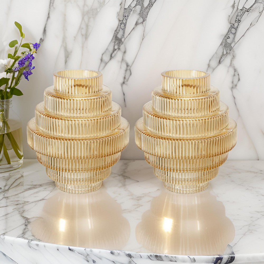 Rae Set of 2 Glass Vases, Geometric Round, Amber Yellow and Clear Finish - BM284991