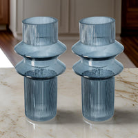 Rae Set of 2 Glass Vases, Tall Round Cylinders, Smokey Blue, Clear Finish - BM284992